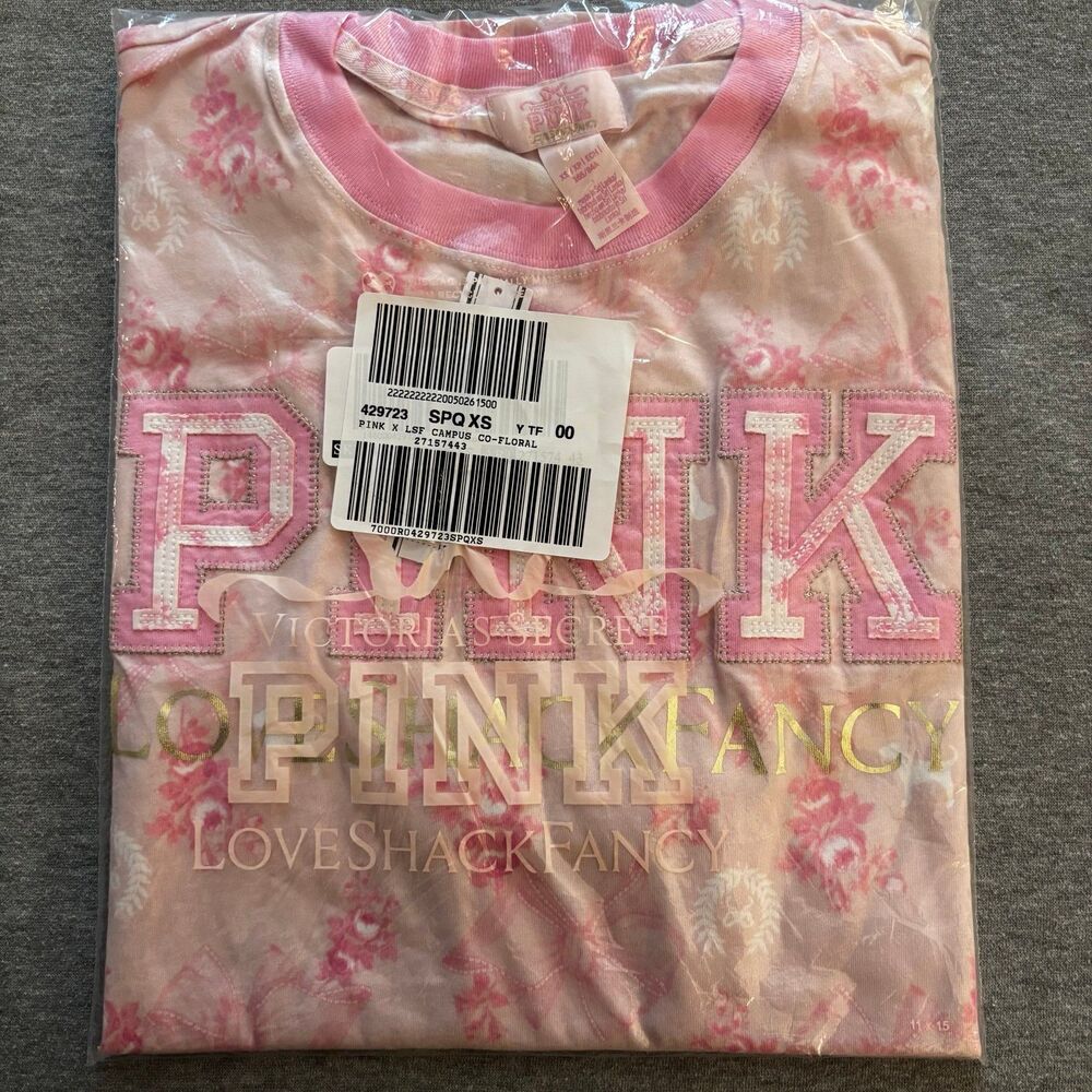 PINK x LoveShackFancy Beaux Icons Floral Bow Short Sleeve Cotton Campus T-Shirt - Picture 10 of 11